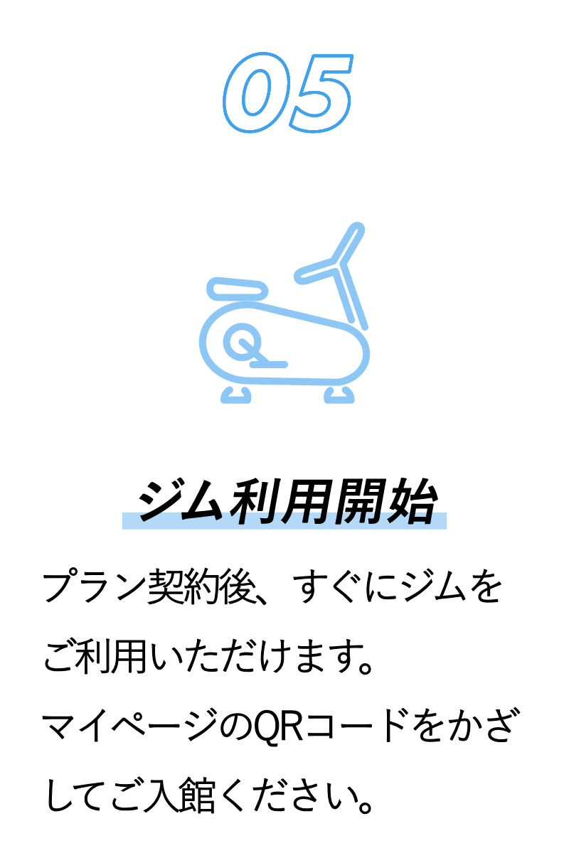 05 プラン契約後、すぐにジムをご利用いただけます。メールで届く案内に従い、鍵アプリを使ってご入館ください